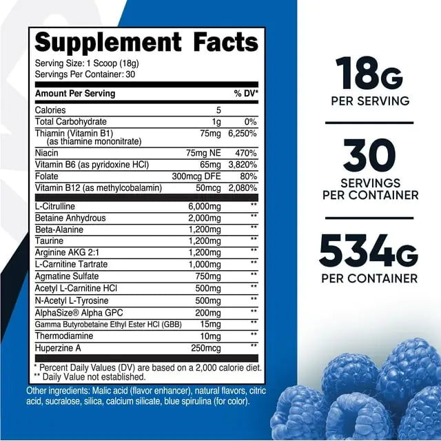 Nutricost Stim-Free Pre-Workout Powder Supplement, 30 Servings (Blue Raspberry)