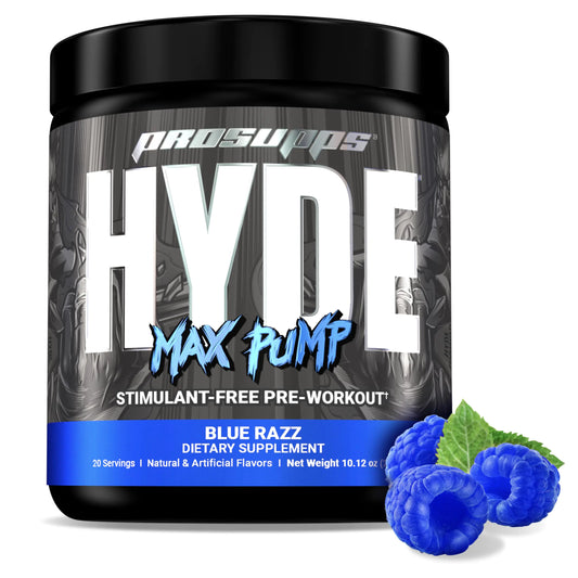 PROSUPPS Hyde Max Pump Pre Workout for Men and Women - Nitric Oxide Supplement for Pump and Endurance - Stimulant Free Pre Workout to Promote Blood Flow and Muscle Strength (Blue Razz 20 Servings)